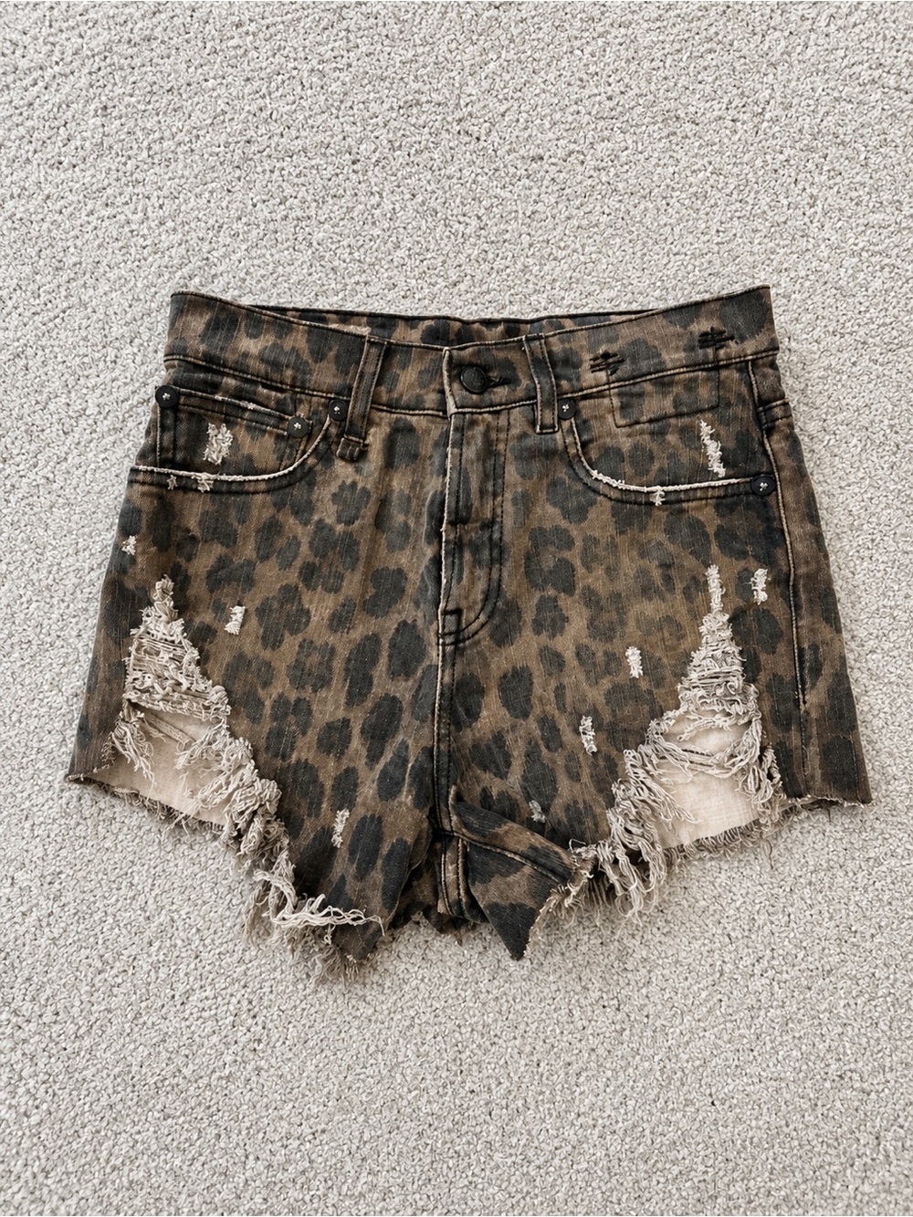 R13 Style Leopard Print Distressed Denim Shorts – Made in Italy – Size 24 - Picture 1 of 4